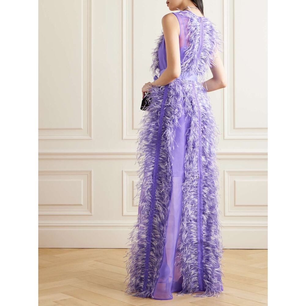 HUISHAN ZHANG Women's Purple 100% Silk Beau Feather Trim Maxi Gown Size US 6 - Picture 3 of 16